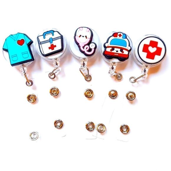 Set of 5 Cute Retractable Nurse Doctor Practitioner EMT Badge Holder Clip Button - Picture 1 of 2